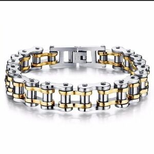 Men’s 18K Gold & White Gold Two Tone Motorcycle Biker Bike Link Bracelet